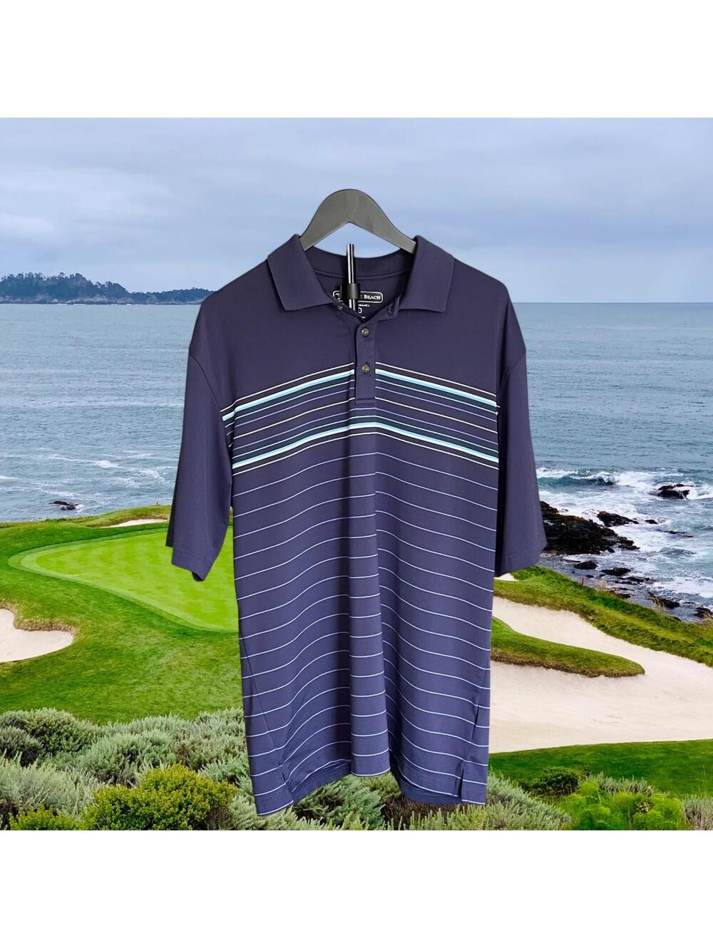 Pebble Beach Performance LARGE Men's Golf Polo Blue Striped Short Sleeve Shirt